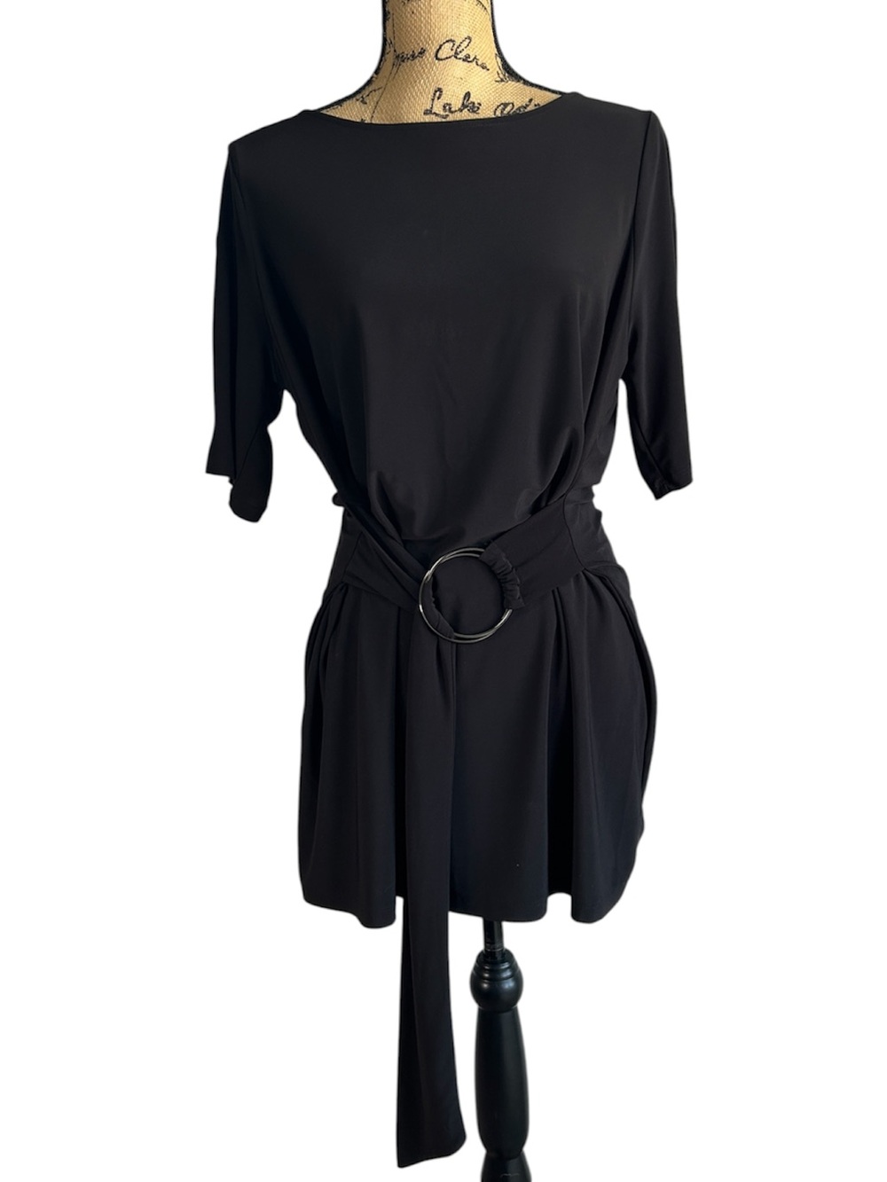 Love & Legend Black Belted Short Sleeve A-Line Tunic Dress